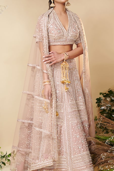 Shop_Reeti Arneja_Brown Organza, Net Sequins V-neck Noori Embroidered Bridal Lehenga Set _Online_at_Aza_Fashions
