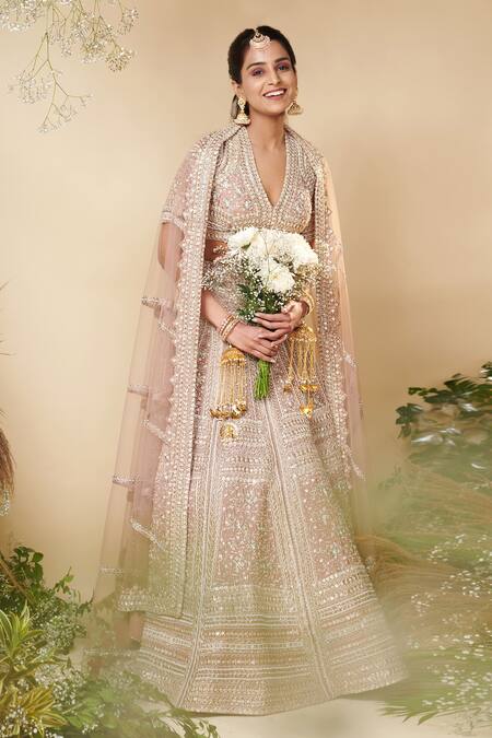 Reeti Arneja_Brown Organza, Net Sequins V-neck Noori Embroidered Bridal Lehenga Set _at_Aza_Fashions