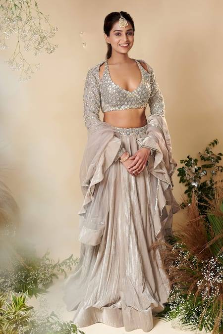 Shop_Reeti Arneja_Grey Velvet Beads, Sequins V-neck Keizen Embroidered Blouse Lehenga Set_Online_at_Aza_Fashions