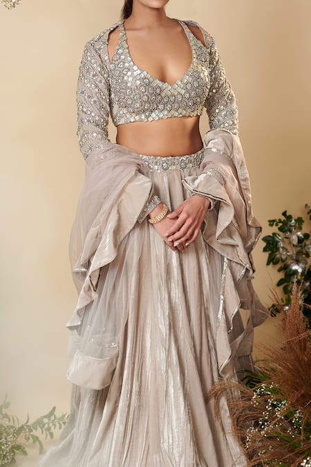 Reeti Arneja_Grey Velvet Beads, Sequins V-neck Keizen Embroidered Blouse Lehenga Set_at_Aza_Fashions