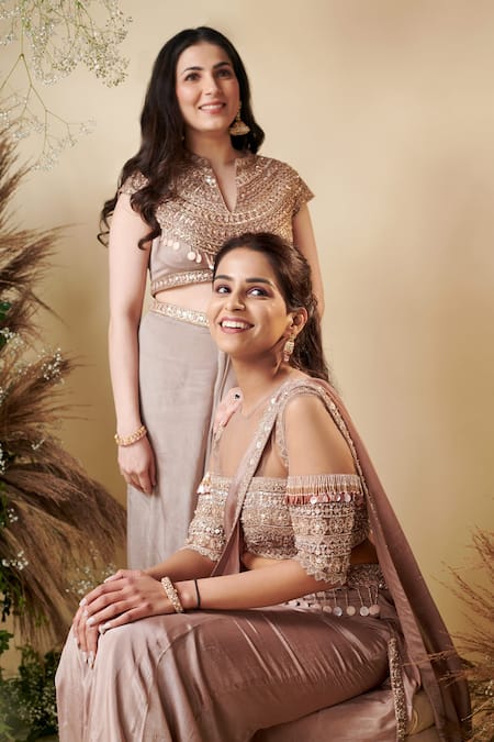 Buy_Reeti Arneja_Brown Net, Chiffon Sequins Round Neck Aurora Saree With Embroidered Blouse _Online_at_Aza_Fashions
