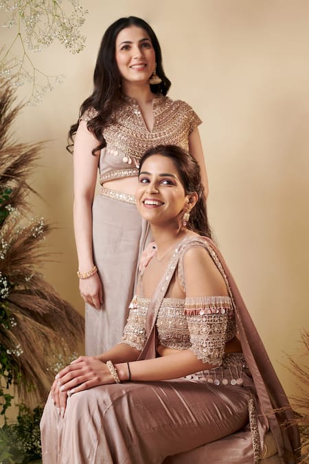 Reeti Arneja_Brown Chiffon Sequins Split V-neck Enigma Embroidered Blouse And Dhoti Pant Set _Online_at_Aza_Fashions
