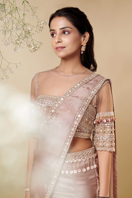 Shop_Reeti Arneja_Brown Net, Chiffon Sequins Round Neck Aurora Saree With Embroidered Blouse _Online_at_Aza_Fashions