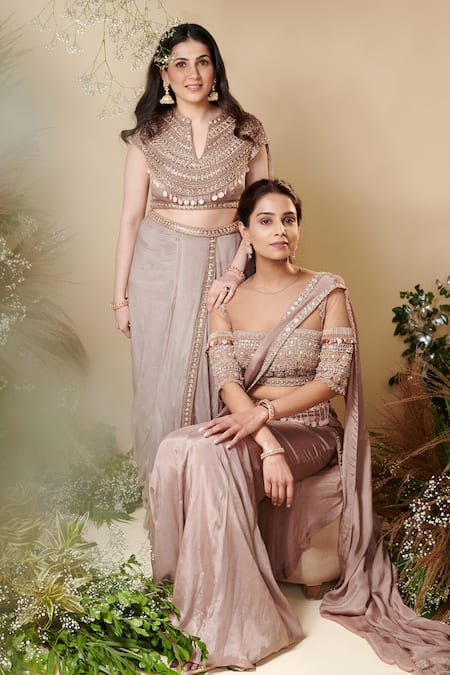 Reeti Arneja Brown Net, Chiffon Sequins Round Neck Aurora Saree With Embroidered Blouse at Aza Fashions Reeti Arneja_Brown Net, Chiffon Sequins Round Neck Aurora Saree With Embroidered Blouse _at_Aza_Fashions