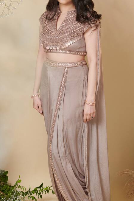 Buy_Reeti Arneja_Brown Chiffon Sequins Split V-neck Enigma Embroidered Blouse And Dhoti Pant Set _Online_at_Aza_Fashions