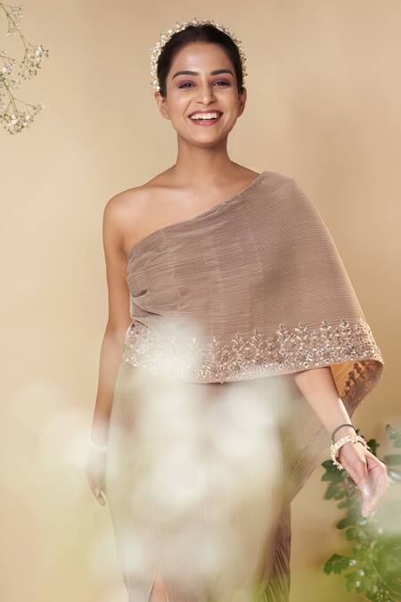 Buy_Reeti Arneja_Brown Taffeta Sequins Raina Embroidered Saree Gown _Online_at_Aza_Fashions