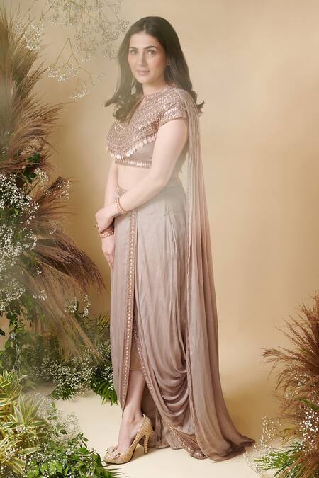 Reeti Arneja_Brown Chiffon Sequins Split V-neck Enigma Embroidered Blouse And Dhoti Pant Set _at_Aza_Fashions