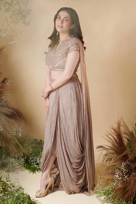 Buy_Reeti Arneja_Brown Chiffon Sequins Split V-neck Enigma Embroidered Blouse And Dhoti Pant Set 