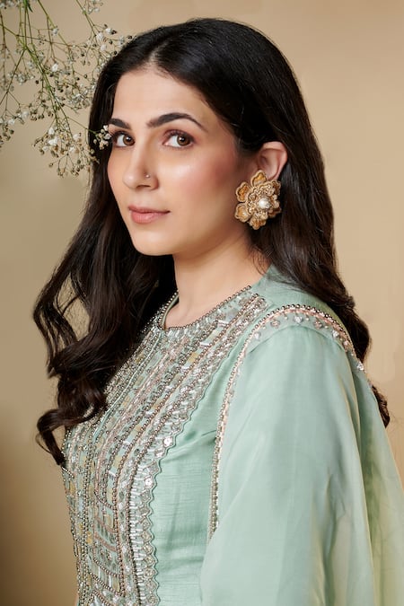 Reeti Arneja_Green Silk, Organza Sequins Round Neck Nerissa Yoke Embroidered Kurat Salwar Set _Online_at_Aza_Fashions