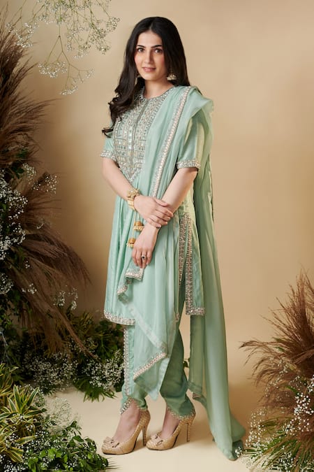 Buy_Reeti Arneja_Green Silk, Organza Sequins Round Neck Nerissa Yoke Embroidered Kurat Salwar Set _Online_at_Aza_Fashions