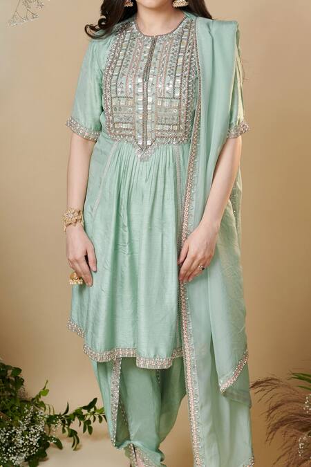 Shop_Reeti Arneja_Green Silk, Organza Sequins Round Neck Nerissa Yoke Embroidered Kurat Salwar Set _Online_at_Aza_Fashions