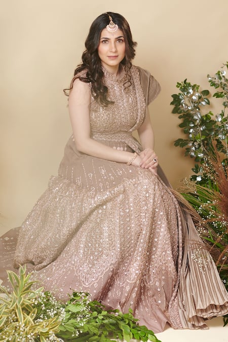 Reeti Arneja_Brown Organza, Taffeta Embroidery, Sequins Bandeau Daydream Bridal Lehenga Set _Online_at_Aza_Fashions