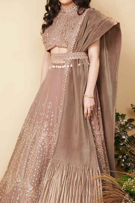 Buy_Reeti Arneja_Brown Organza, Taffeta Embroidery, Sequins Bandeau Daydream Bridal Lehenga Set _Online_at_Aza_Fashions