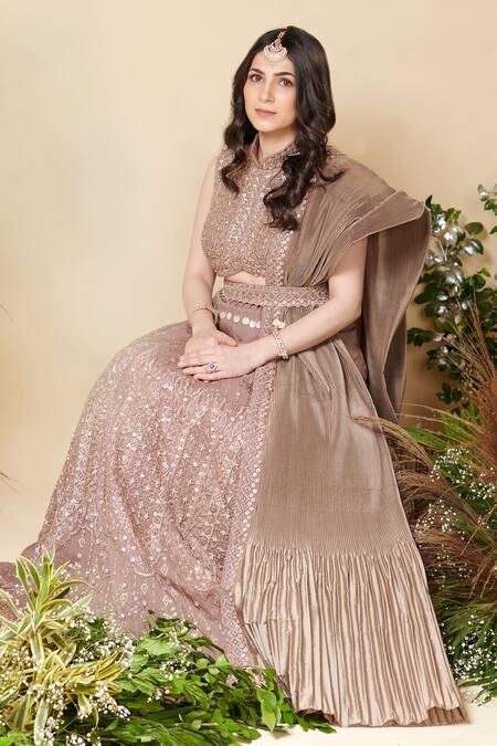 Shop_Reeti Arneja_Brown Organza, Taffeta Embroidery, Sequins Bandeau Daydream Bridal Lehenga Set _Online_at_Aza_Fashions