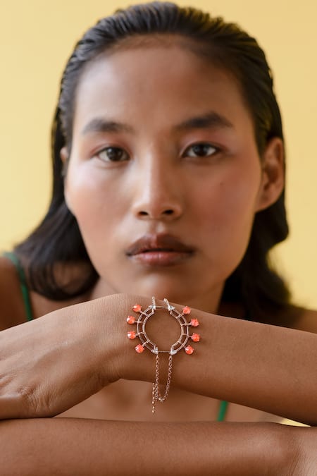 Buy_Esme By Aashna Dalmia_Orange Embellished Geometric Shaped Bracelet _Online_at_Aza_Fashions