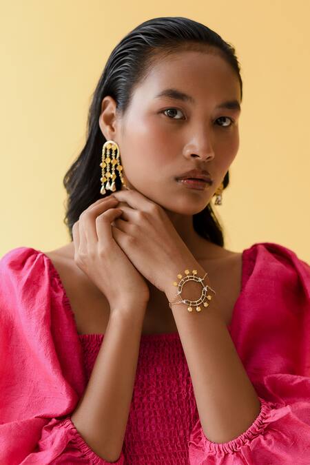 Esme By Aashna Dalmia_Yellow Swarovski Hanging Earrings _Online_at_Aza_Fashions