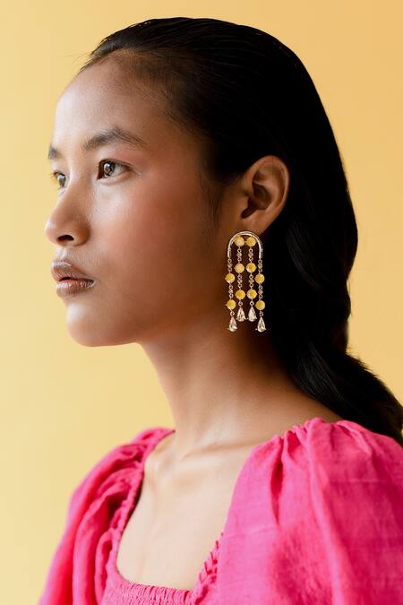 Esme By Aashna Dalmia_Yellow Swarovski Hanging Earrings _at_Aza_Fashions