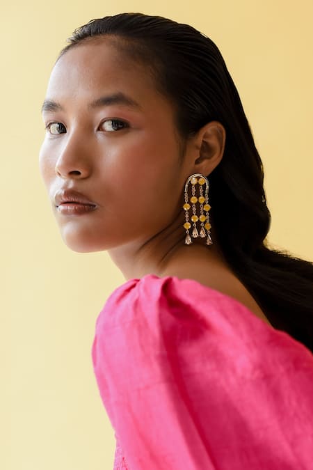 Buy_Esme By Aashna Dalmia_Yellow Swarovski Hanging Earrings 