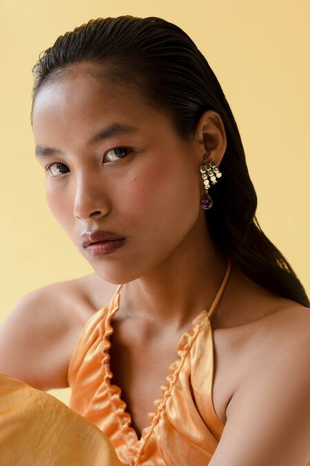 Shop_Esme By Aashna Dalmia_Maroon Crystal Drop Textured Earrings _Online_at_Aza_Fashions