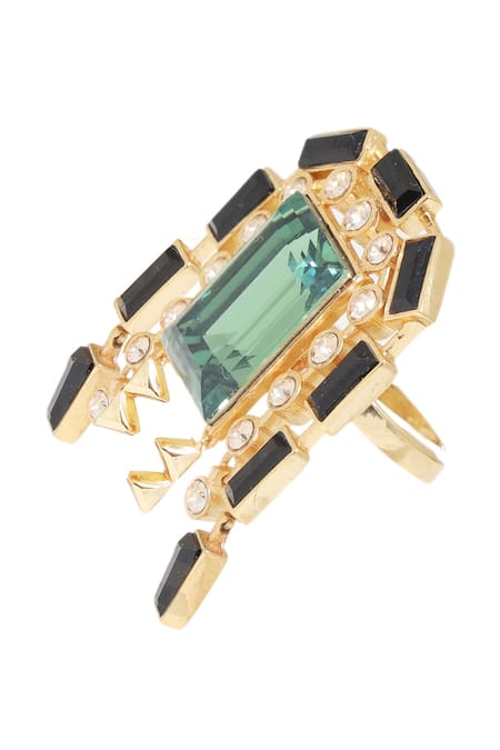 Esme By Aashna Dalmia_Green Stones Chain Link Hanging Ring_Online_at_Aza_Fashions