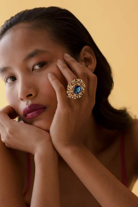 Buy_Esme By Aashna Dalmia_Blue Stones Geometric Embellished Cutwork Ring _Online_at_Aza_Fashions