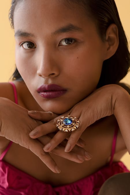 Shop_Esme By Aashna Dalmia_Blue Stones Geometric Embellished Cutwork Ring _Online_at_Aza_Fashions