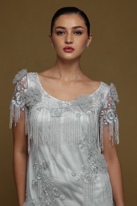 Buy_Shriya Som_Blue Tulle Beads, Embroidery Scoop Neck Floral Shift Dress _Online_at_Aza_Fashions