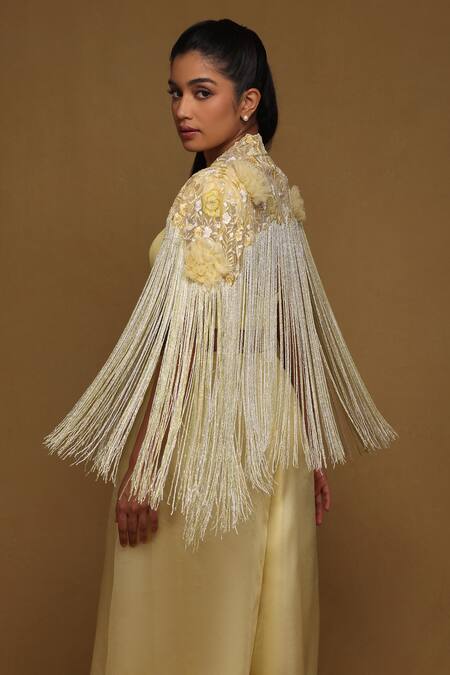 Shriya Som Yellow Floral Embroidered Fringe Capelet Online at Aza Fashions Shriya Som_Yellow Floral Embroidered Fringe Capelet _Online_at_Aza_Fashions