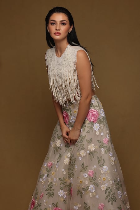 Shriya Som_Ivory Tulle Pearls Round Neck Fringe Top _Online_at_Aza_Fashions