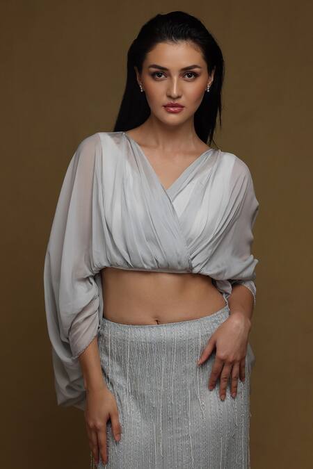 Shriya Som_Blue Tulle Beads Cut Dana Embellished Skirt _Online_at_Aza_Fashions