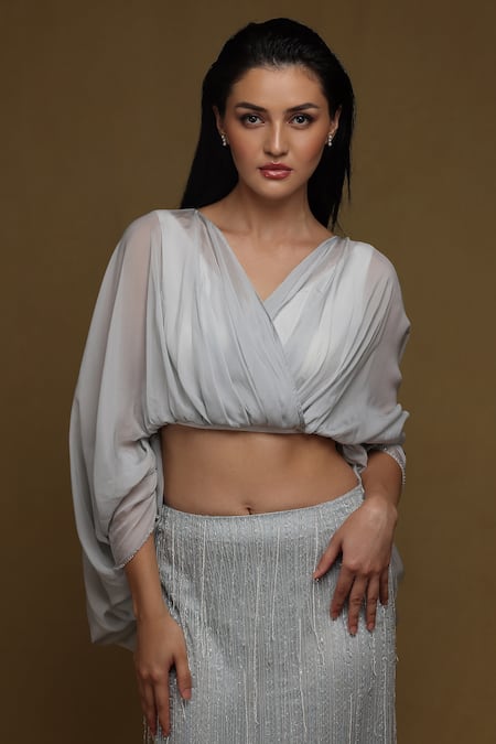 Shriya Som_Blue Chiffon Beads Split V-neck Pleated Draped Blouson _Online_at_Aza_Fashions