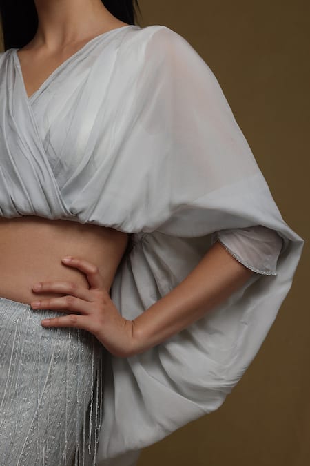 Buy_Shriya Som_Blue Chiffon Beads Split V-neck Pleated Draped Blouson _Online_at_Aza_Fashions