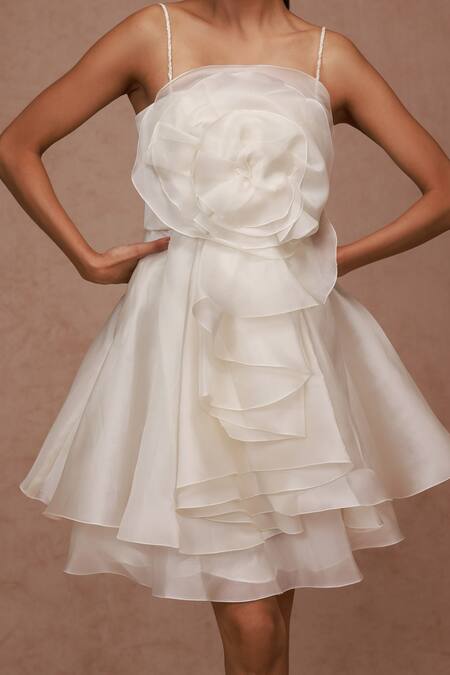 Shriya Som_Ivory Silk Organza Square Neck Draped Dress _Online_at_Aza_Fashions