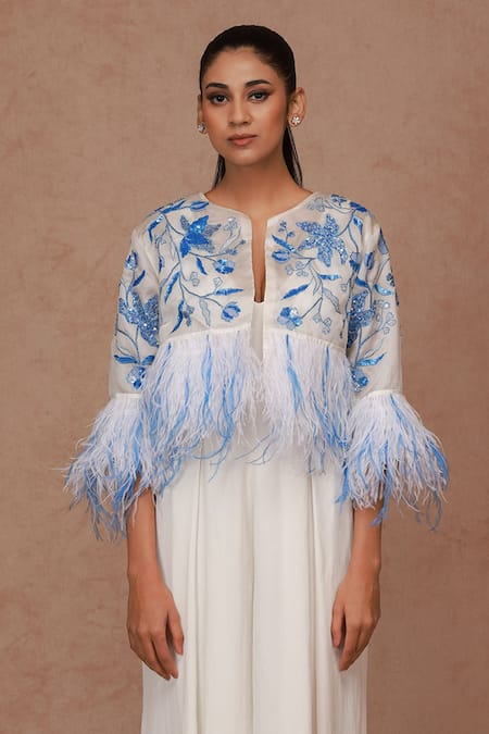 Shriya Som_Ivory Silk Organza Embroidery, Sequins Round Neck Floral Cropped Jacket _Online_at_Aza_Fashions