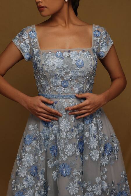 Shriya Som_Blue Tulle Pearls, Sequins, Crystals Square Neck Floral Thread Embroidered Dress _Online_at_Aza_Fashions