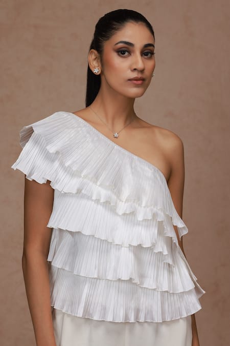 Shriya Som_Ivory Taffeta Ruffles Asymmetric One Shoulder Top _Online_at_Aza_Fashions