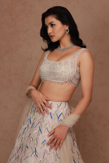 Shriya Som Cream Tulle Sequins, Beads, Crystals Scoop And Embellished Bridal Lehenga Set Online at Aza Fashions Shriya Som_Cream Tulle Sequins, Beads, Crystals Scoop And Embellished Bridal Lehenga Set _Online_at_Aza_Fashions