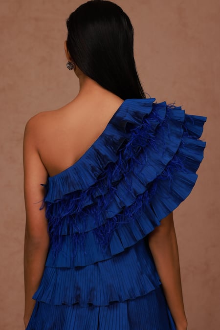 Shriya Som Blue Taffeta Feathers One Shoulder Tiered Detail Dress Online at Aza Fashions Shriya Som_Blue Taffeta Feathers One Shoulder Tiered Detail Dress _Online_at_Aza_Fashions