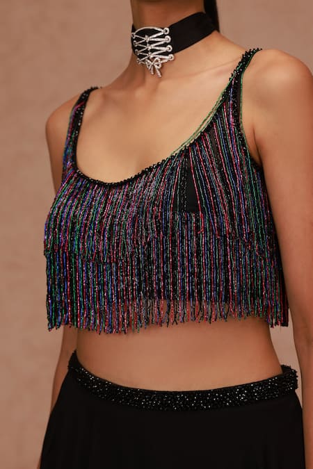 Shriya Som_Black Tulle, Georgette Beads Scoop Neck Fringe Blouse And Layered Lehenga Set _Online_at_Aza_Fashions