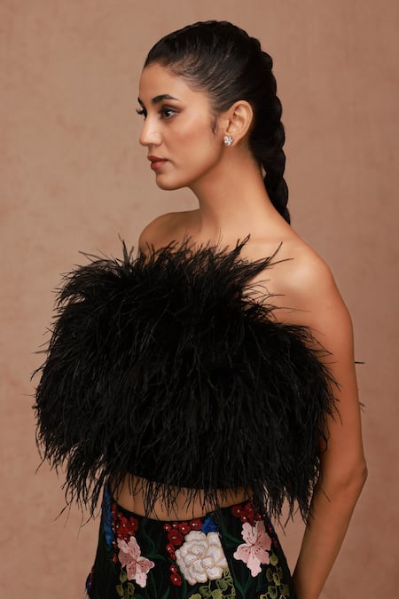 Shriya Som_Black Tulle Open Neck Faux Feather Applique Bandeau Top _Online_at_Aza_Fashions