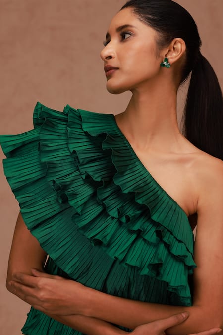 Shriya Som Emerald Green Taffeta Ruffles One Shoulder Tiered Dress Online at Aza Fashions Shriya Som_Emerald Green Taffeta Ruffles One Shoulder Tiered Dress _Online_at_Aza_Fashions