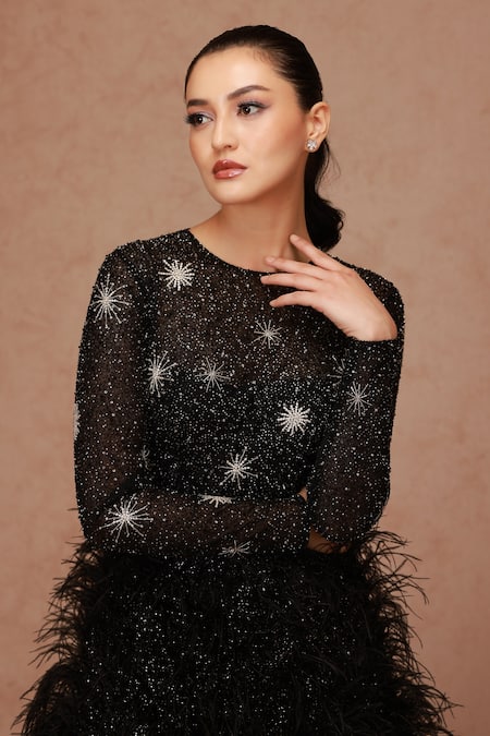 Shriya Som_Black Tulle Cut Work Round Neck Crystal And Feather Applique Gown _Online_at_Aza_Fashions