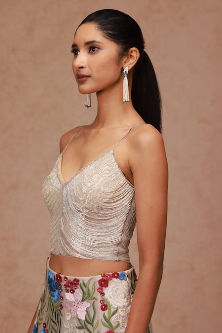 Shriya Som_Beige Tulle Cut Work V-neck Cutdana Fringe Embellished Corset Top _Online_at_Aza_Fashions