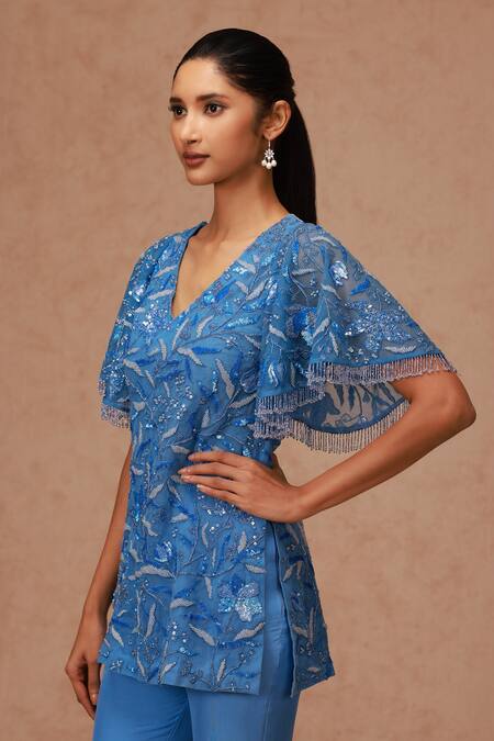 Shriya Som_Blue Silk, Chiffon Sequins V-neck Floral Embroidered Tunic And Pant Set _Online_at_Aza_Fashions