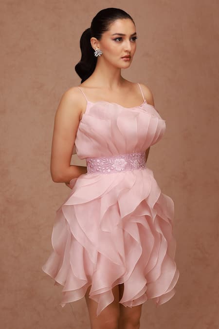 Shriya Som_Pink Silk Organza Embroidery Scoop Neck Ruffled Dress _Online_at_Aza_Fashions