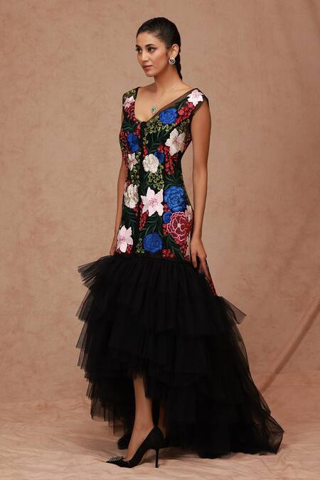 Buy_Shriya Som_Black Tulle Embroidery V-neck Floral Asymmetric Hem Dress _Online_at_Aza_Fashions