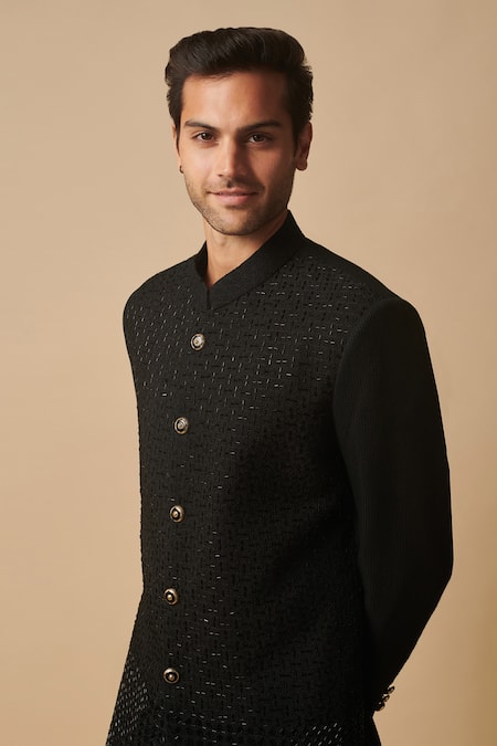 Philocaly_Black Cotton, Silk Embroidery Bling Empire Nalki Achkan _Online_at_Aza_Fashions