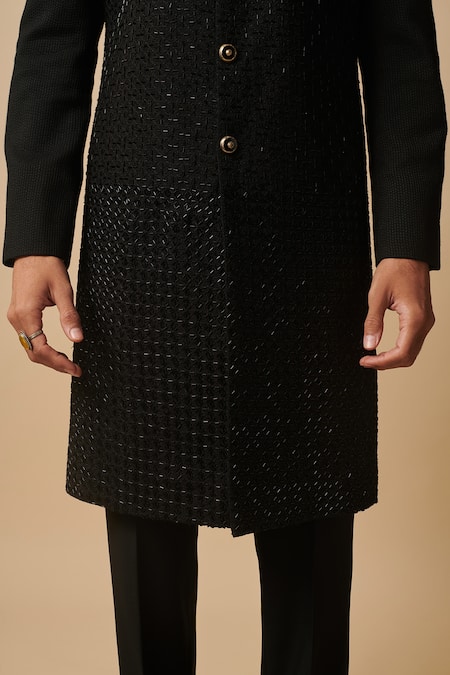 Buy_Philocaly_Black Cotton, Silk Embroidery Bling Empire Nalki Achkan _Online_at_Aza_Fashions