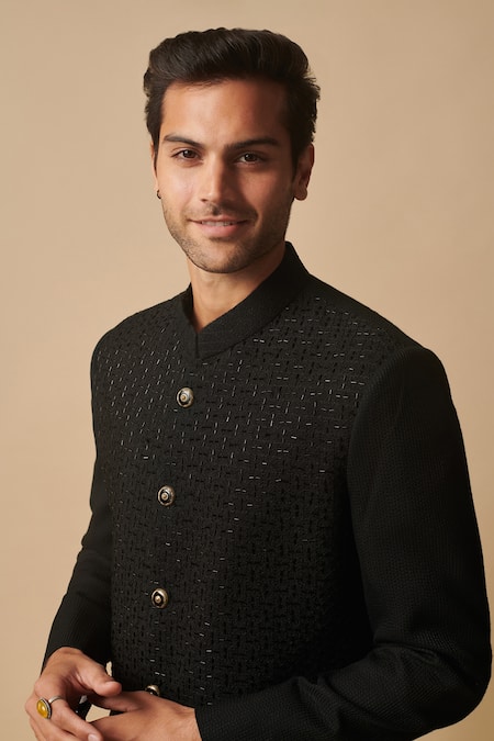 Shop_Philocaly_Black Cotton, Silk Embroidery Bling Empire Nalki Achkan _Online_at_Aza_Fashions