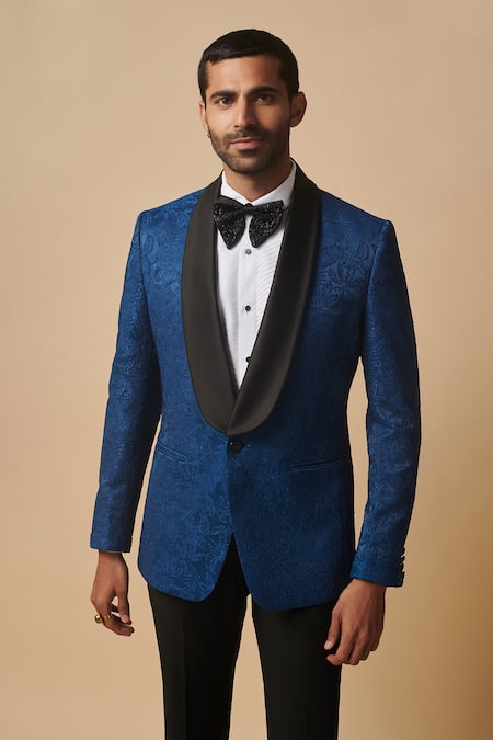 Philocaly_Blue Wool, Silk Embroidery Floral Pattern Tuxedo Blazer_Online_at_Aza_Fashions